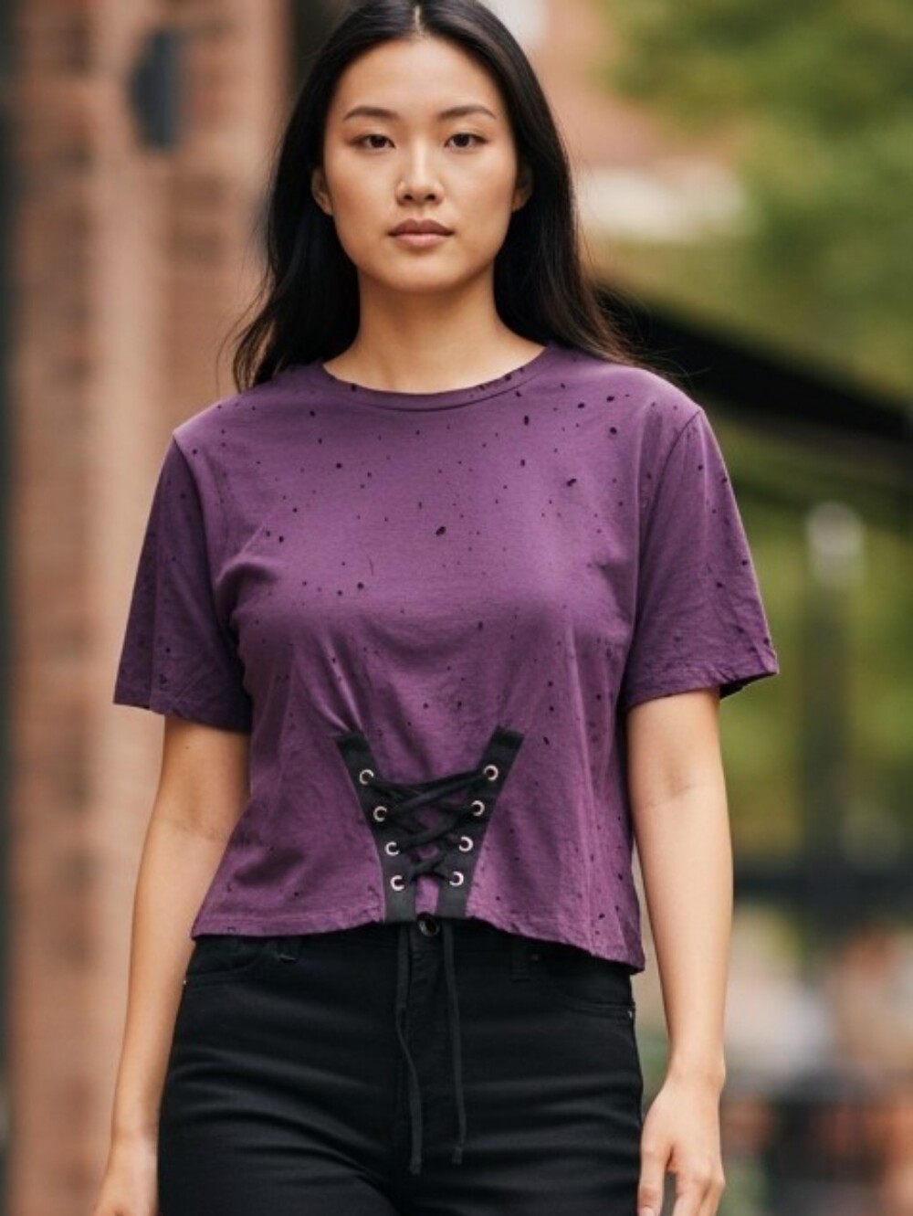 IRIS WOMENS PLUS SIZE    Purple Distressed Lace-Up Tee